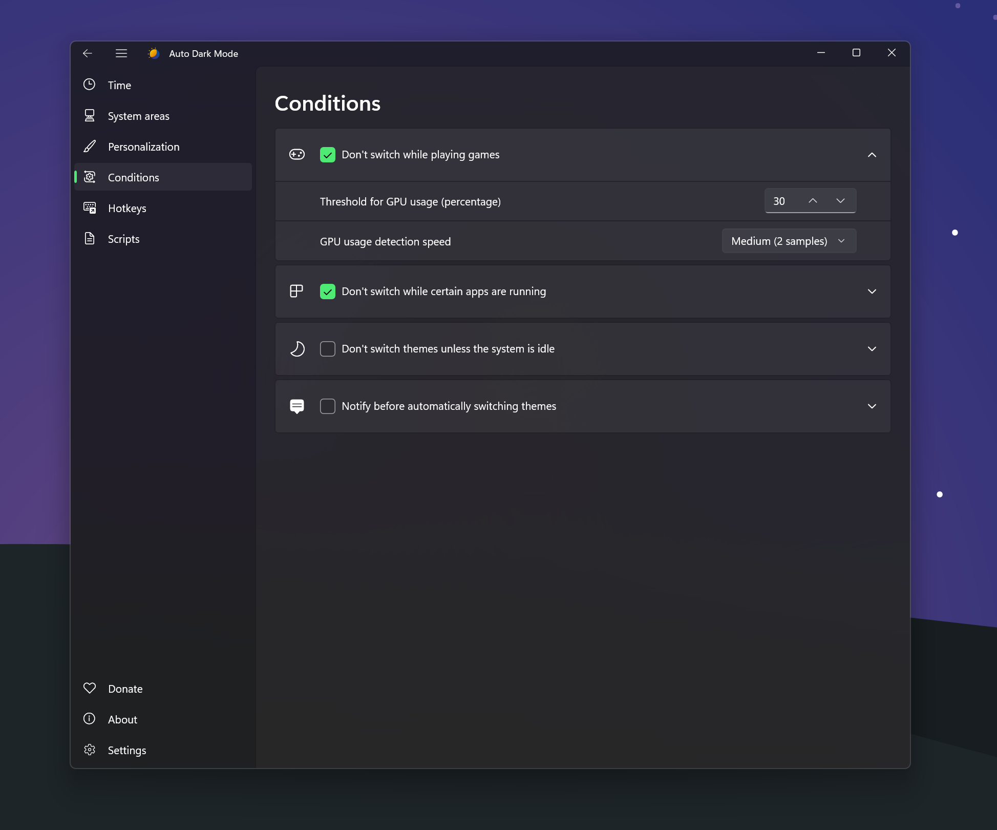 Auto Dark Mode Conditions page in the dark theme