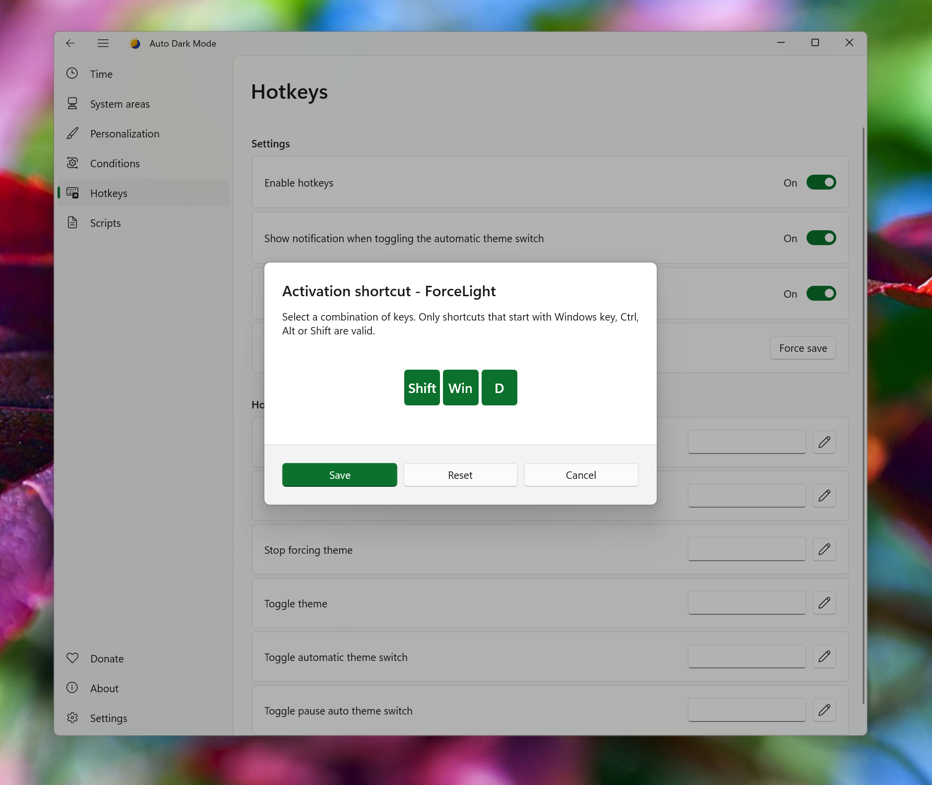Auto Dark Mode Hotkeys page with an activation shortcut dialog