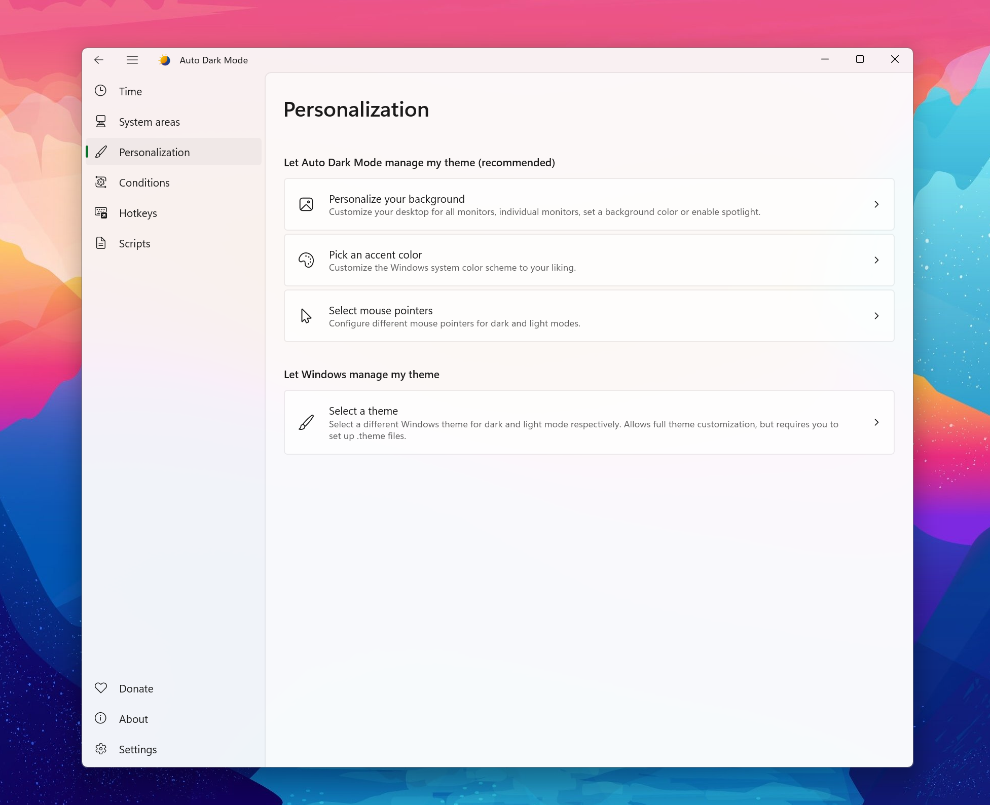 Auto Dark Mode Personalization page in the light theme