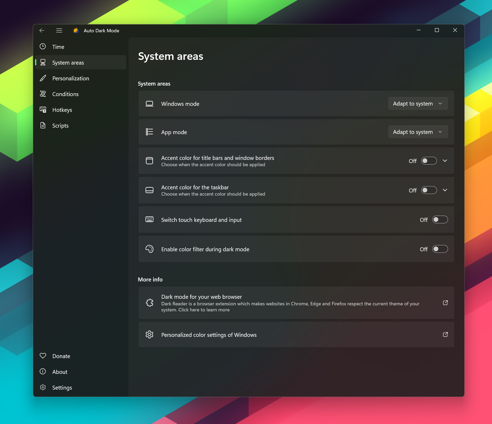 Auto Dark Mode System areas page in the dark theme