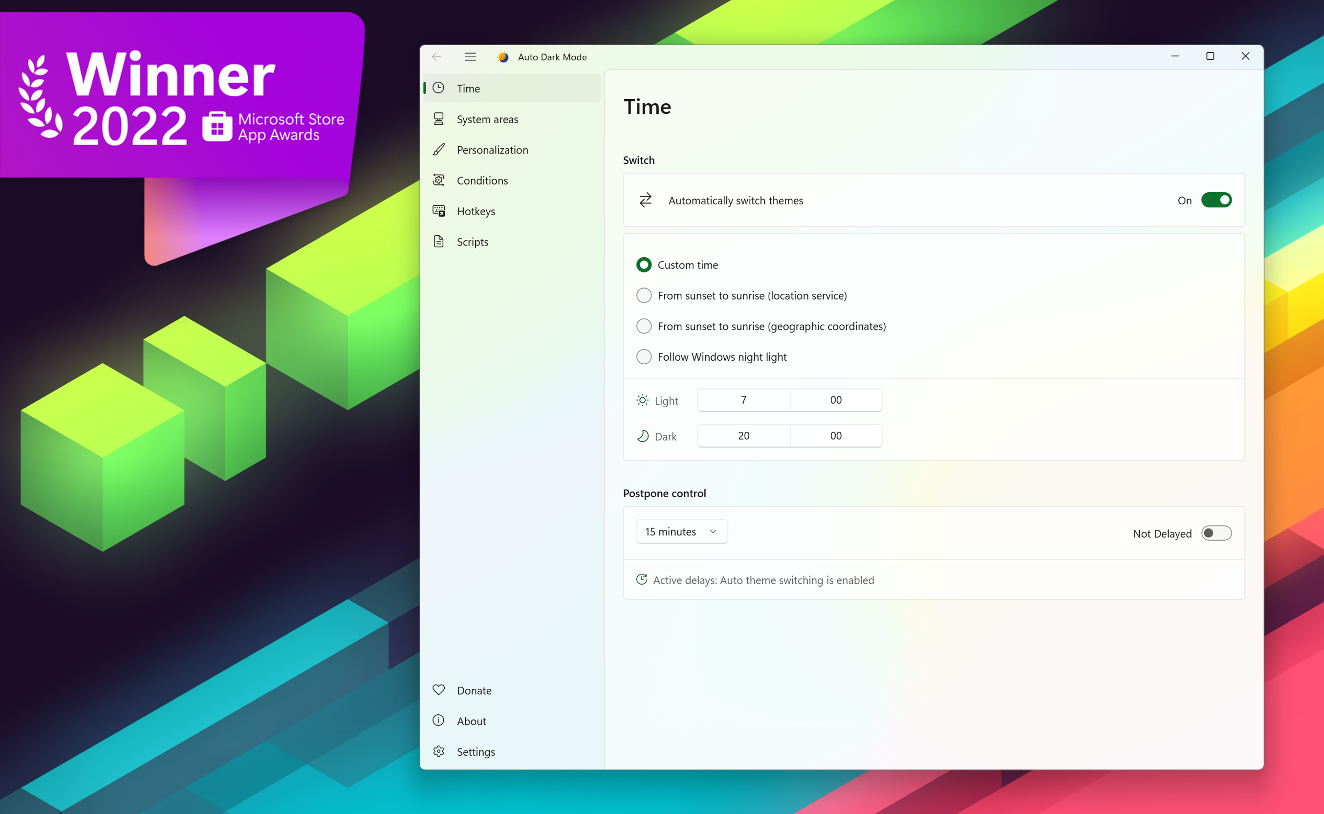 Auto Dark Mode Time page, scheduling the light and dark switch